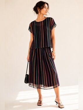 Vintage 90s Sheer Stripe Blouse Skirt Set Statement Colorway Clichy Petite Sz 12